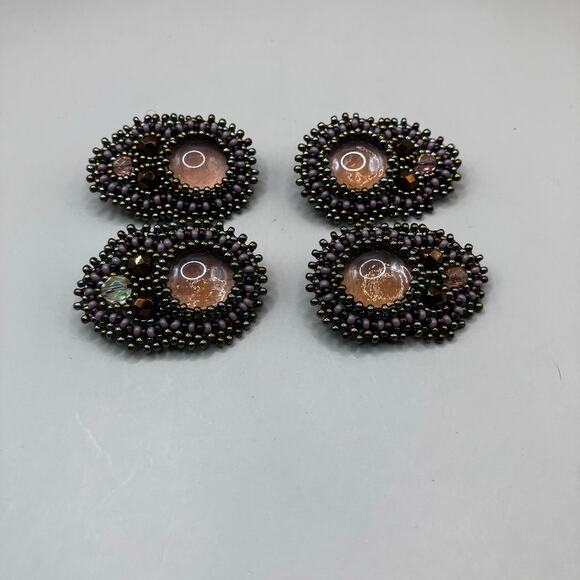 Handmade Jewelry - Cabochon Beaded Brooch Pins Lot of 4 Pink Gold Tone Embellished Bohemian
